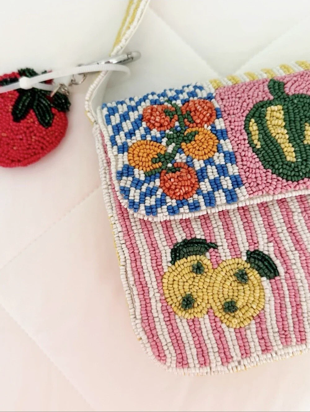 Beaded Fruit Patchwork Wristlet Clutch - Pink Multicolor